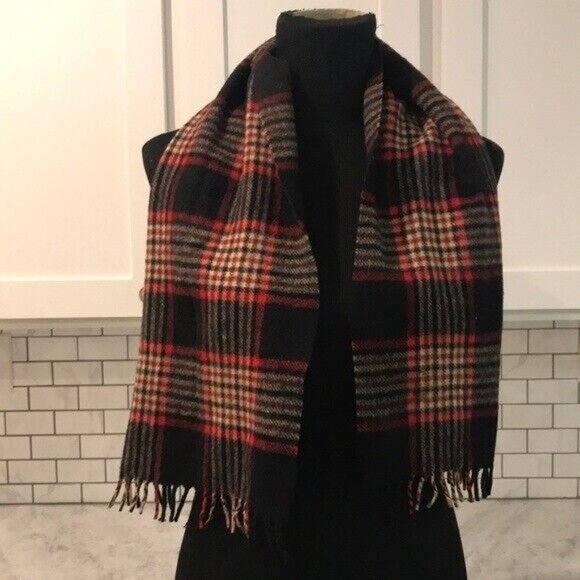 Vintage Wool Scarf Unisex Tartan Plaid Black Red Fringe Hem Hand Loomed - Picture 1 of 5